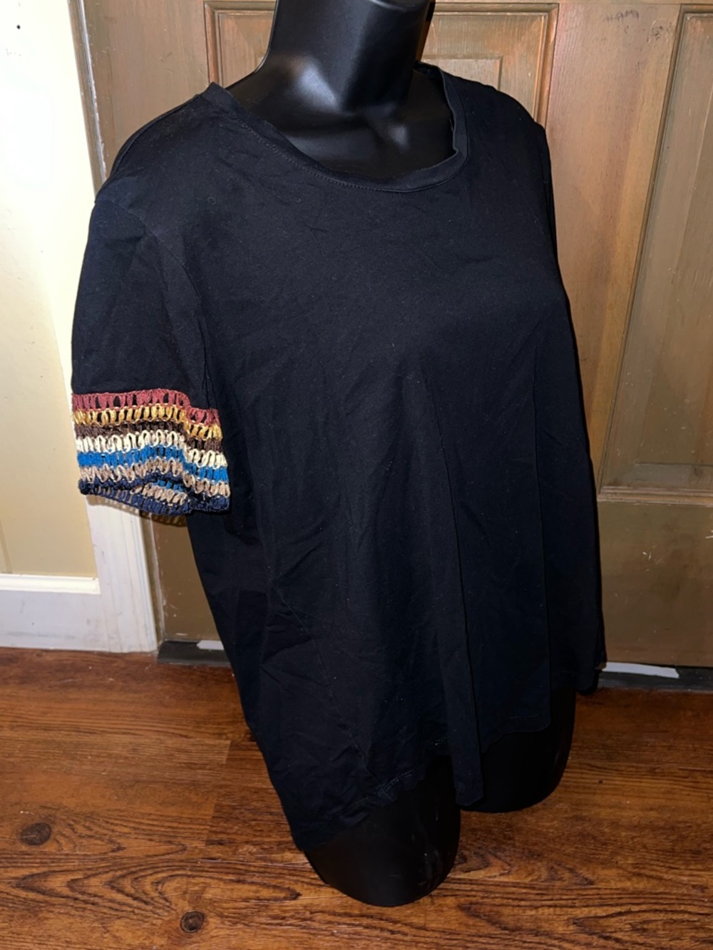 Amaryllis Black Multicolor Boho Short Sleeve Crochet Trim Relax Fit Shirt Size L - Picture 3 of 7